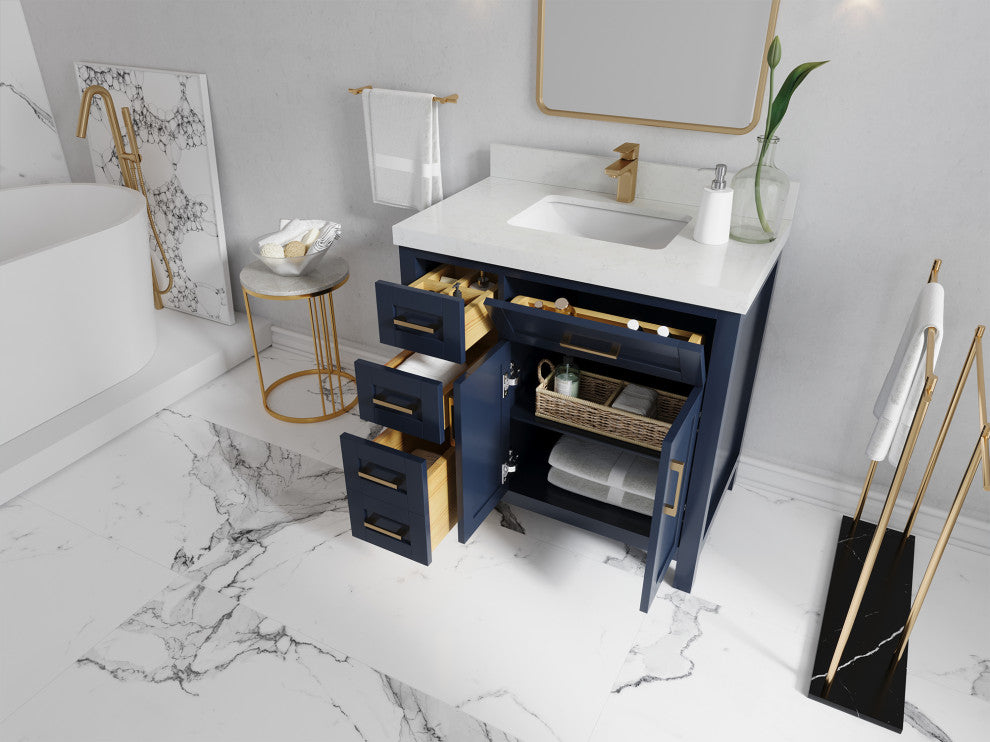 Cambridge 36 Center Sink Bath Vanity in Hale Navy Blue 2" Carrara Quartz