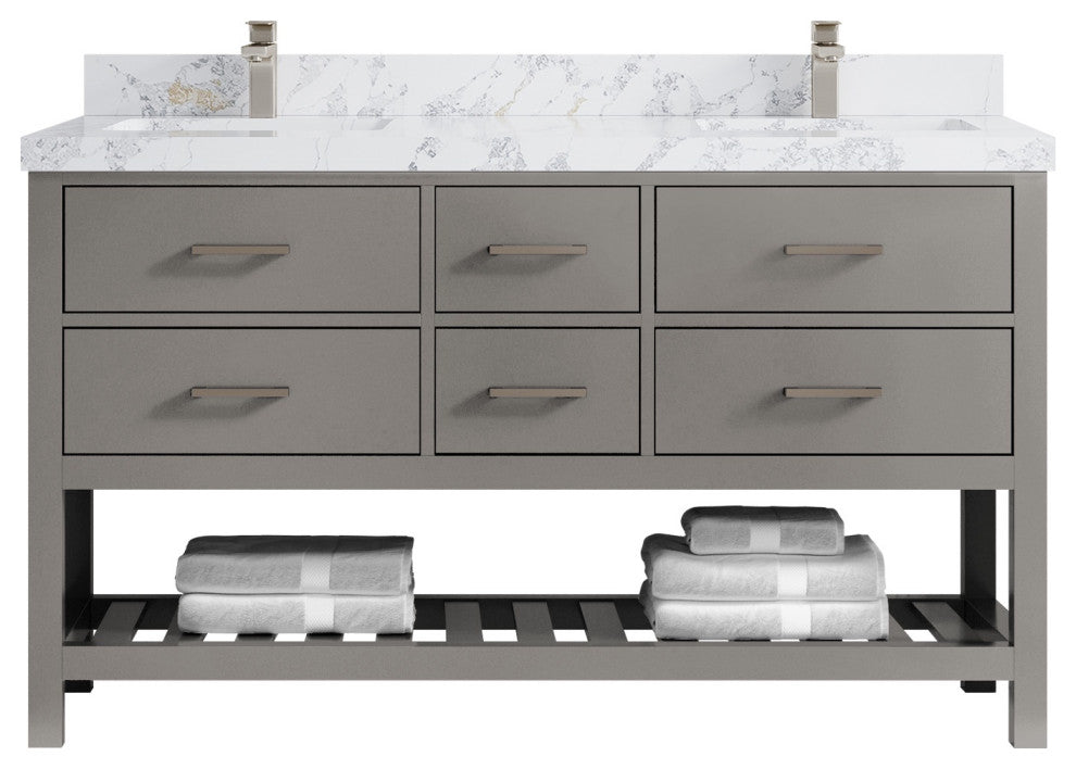 Parker 60" Double Sink Bath Vanity, Elephant Skin Gray 2" Calacatta Poanazzo