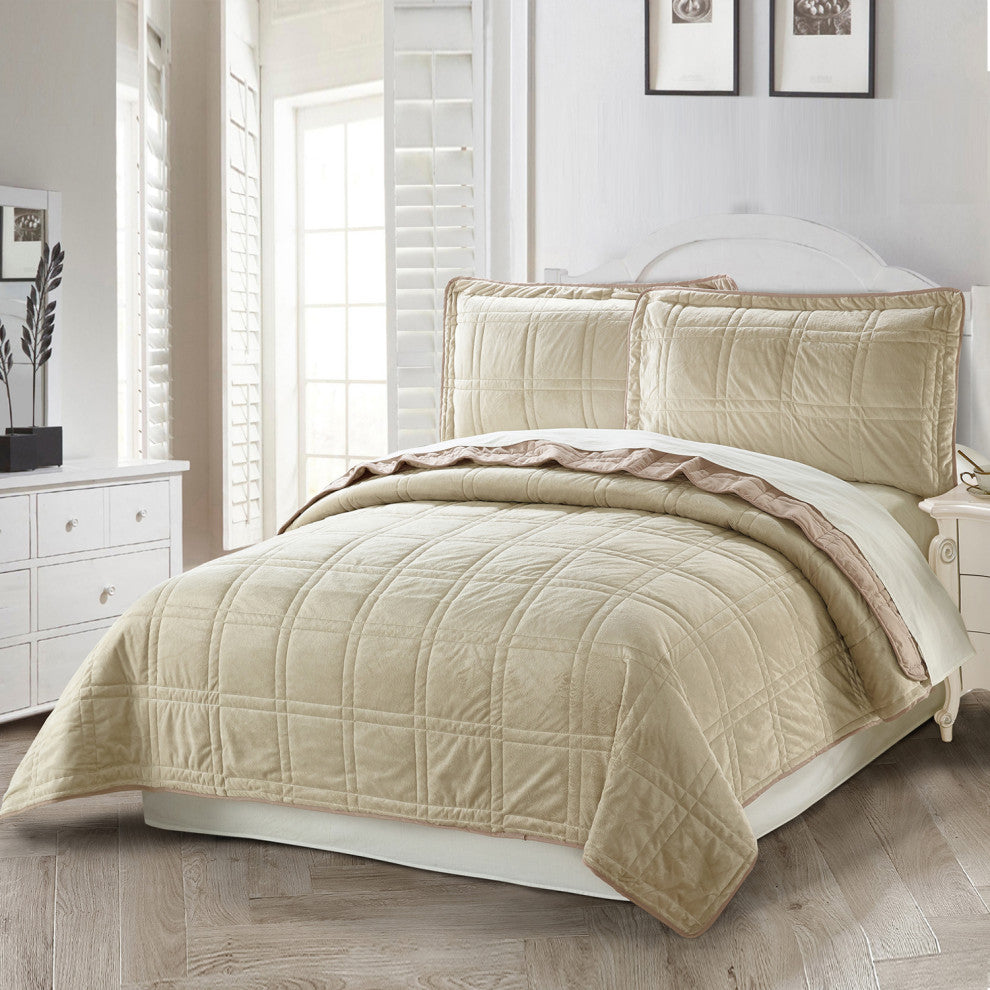 3 Piece Box Quilted Micromink King Bedspread, Oatmeal