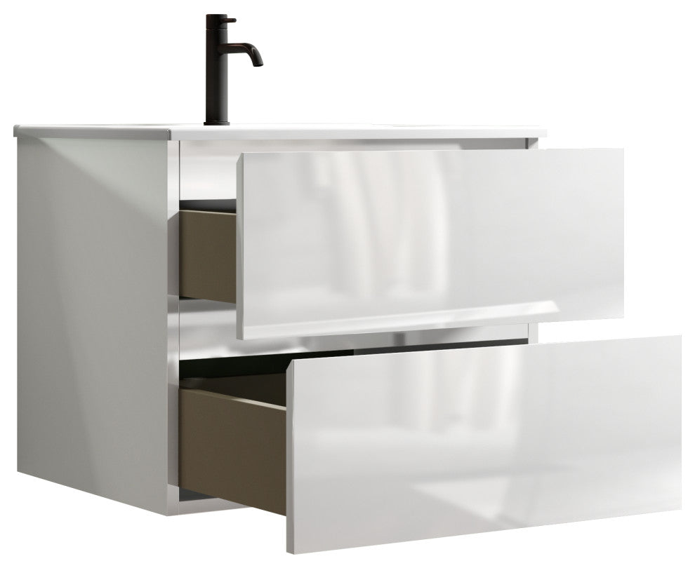 Wall-Mounted Bathroom Vanity Set with Ceramic Sink with one faucet hole, Glossy White