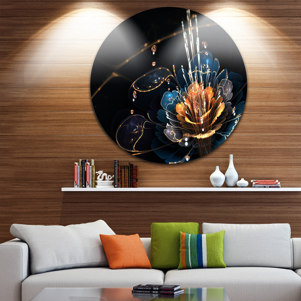 Orange Blue Flower With Water Drops, Floral Digital Round Wall Art, 11"