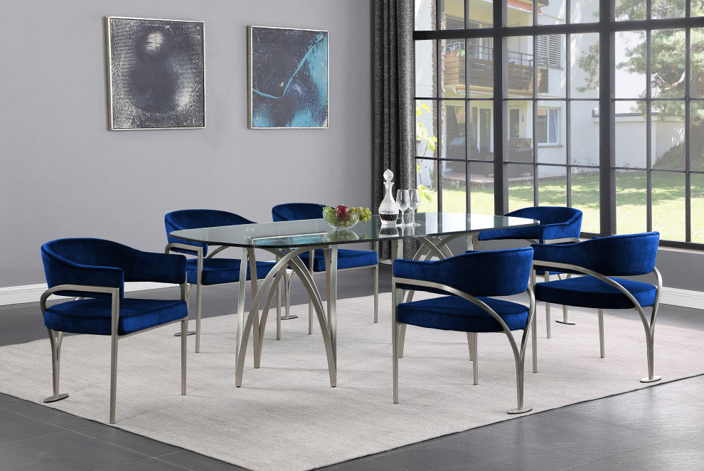 Madelyn Upholstered Dining Chair, Set of 2, Navy, Velvet, Silver Finish