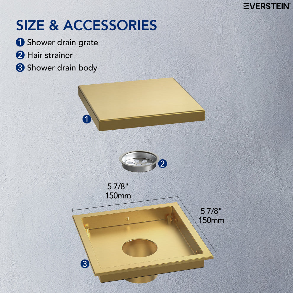 EVERSTEIN Invisible 6" Square Shower Drain, Dual-Sided Design, Brushed Gold