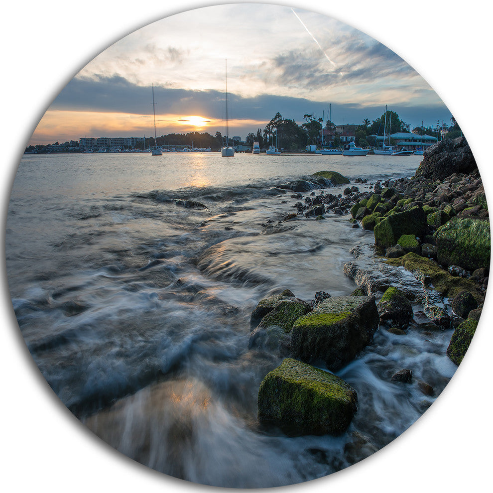 White Waves Hitting Rocky Seashore, Seashore Disc Metal Artwork, 36"