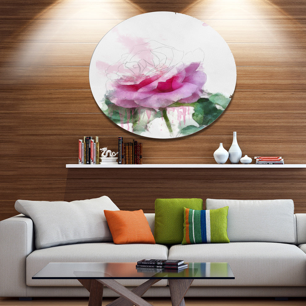 Pink Rose Stem With Paint Splashes, Floral Round Wall Art, 23"
