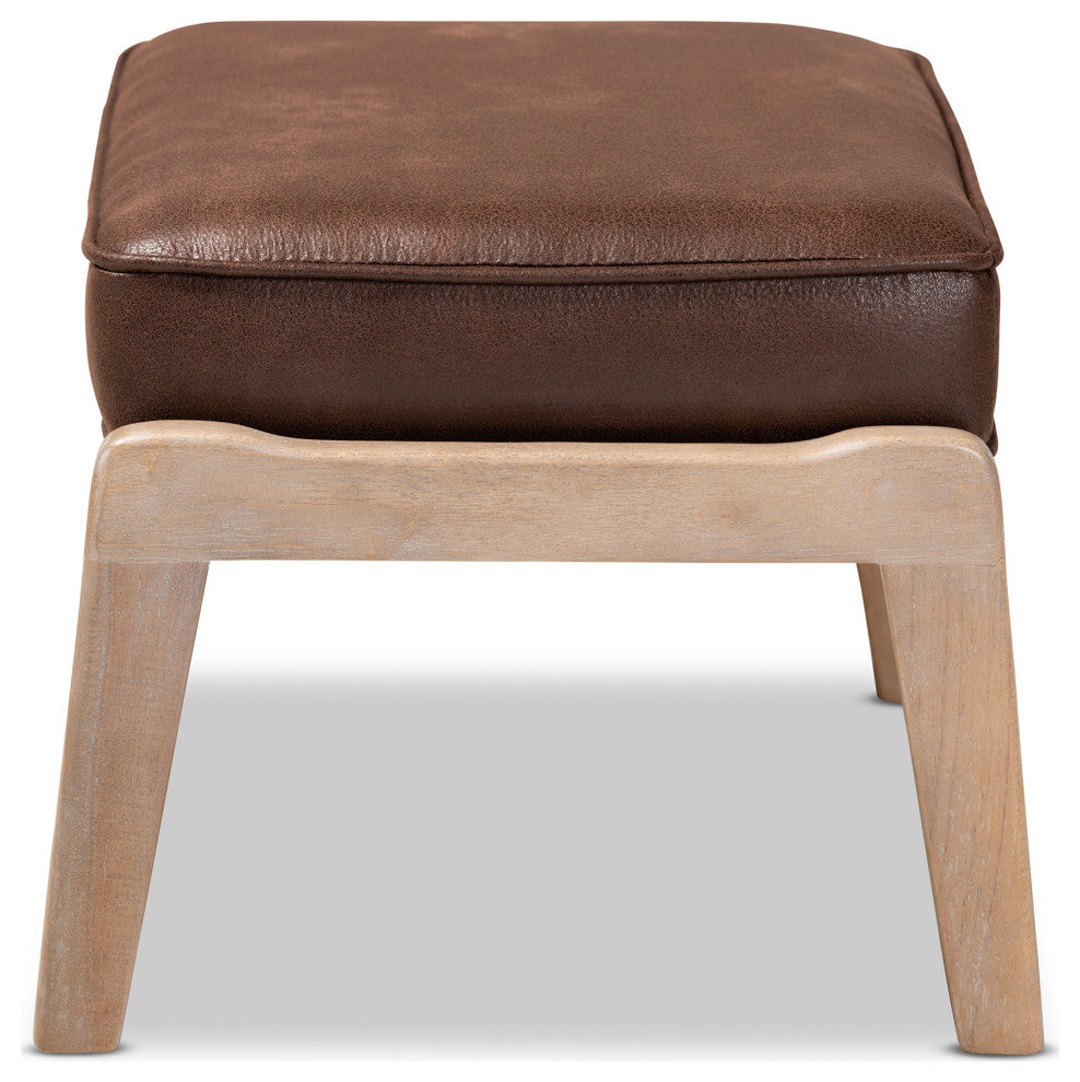 Woodard Dark Brown Faux Leather Effect Upholstered Antique Oak Wood Ottoman