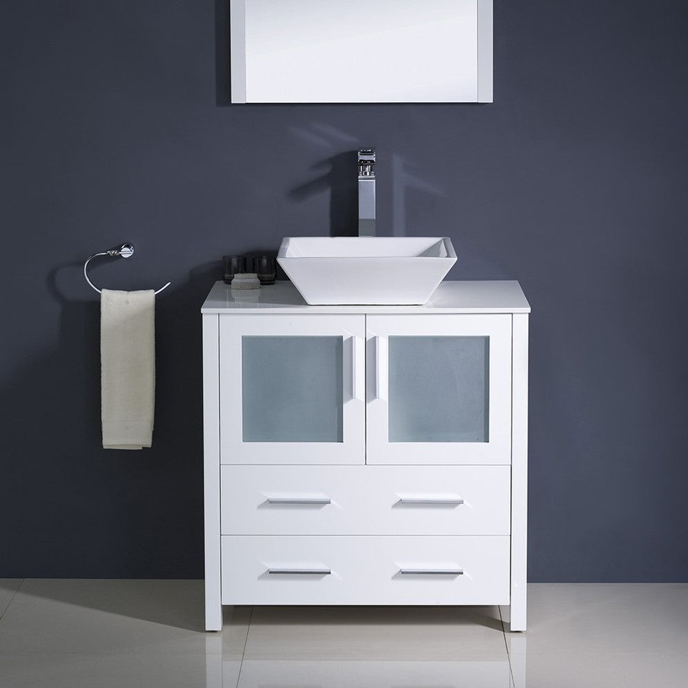 Torino 30" White Modern Bathroom Vanity With Vessel Sink, FFT9152BN