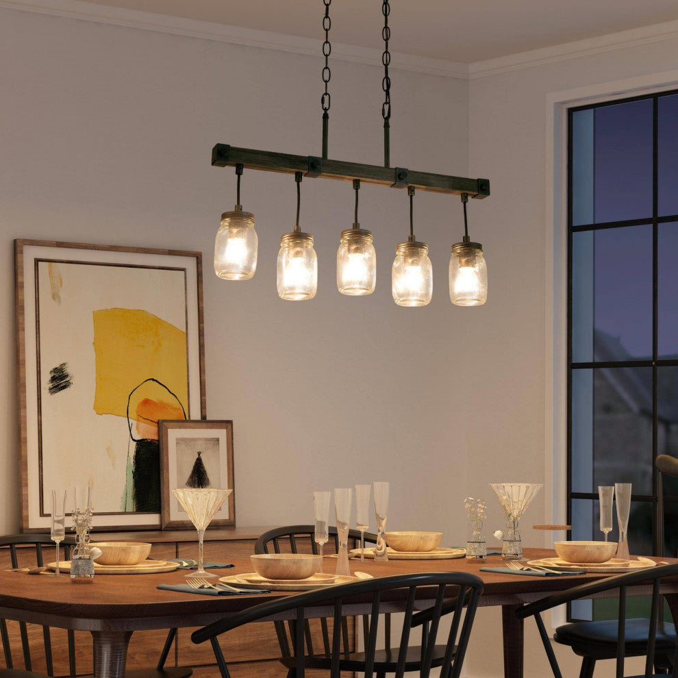 LNC Farmhouse Mason Jar Glass and Wood Kitchen Island Light, Clustered