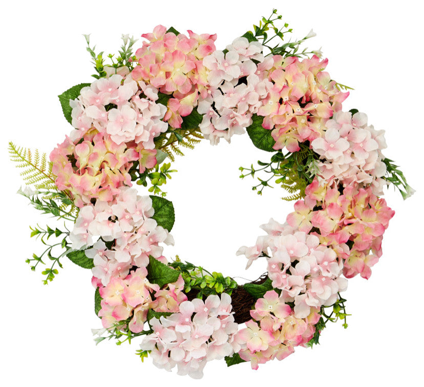 24" Pink Hydrangea Wreath On Natural Twig Base