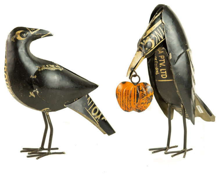 Set of Two Recycled Iron Crows Holding a Pumpkin