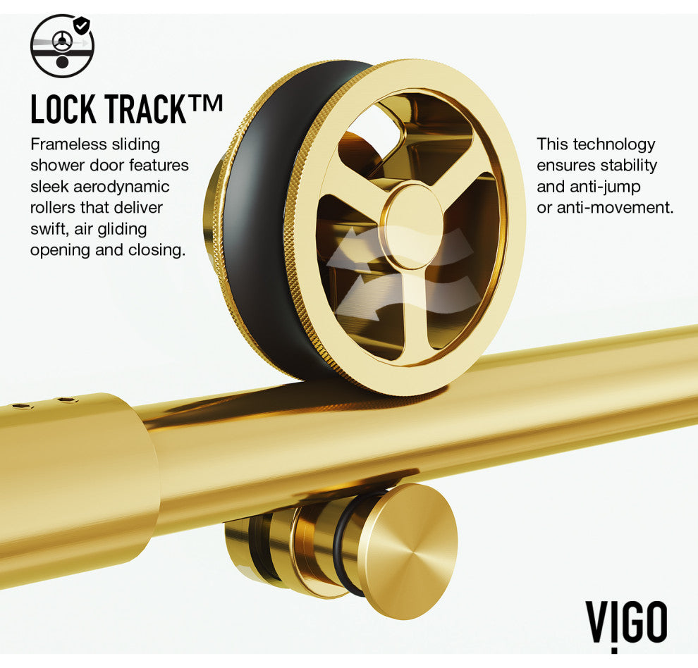 VIGO Elan Cass Aerodynamic 60" to 64" W x 76" H Frameless Sliding Shower Door, Matte Brushed Gold, Clear Glass