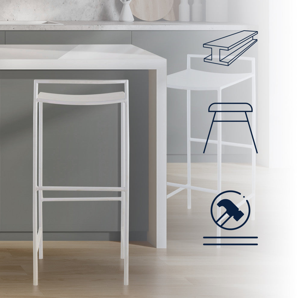 Coastal Contemporary Iron Saddle-Seat Low-Back Bar Stool, Foot Rest