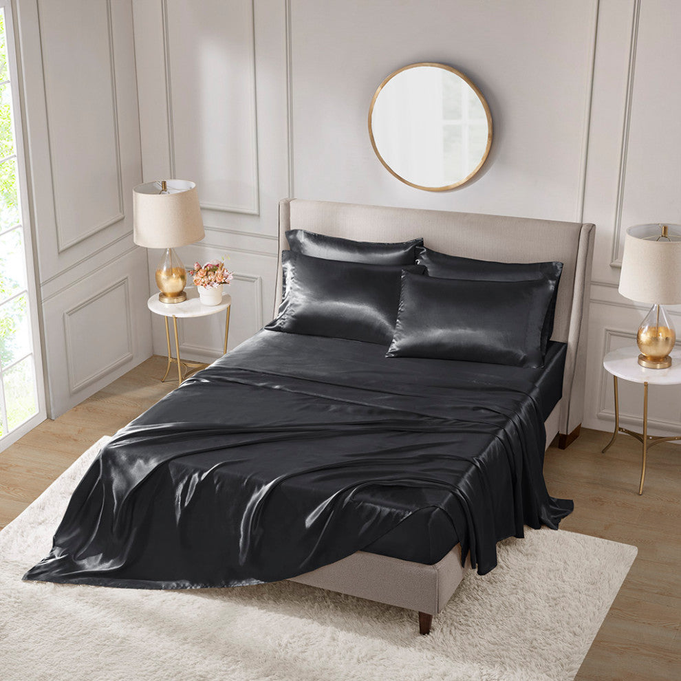 Madison Park Essentials Satin Luxury 6 PC Sheet Set, Black