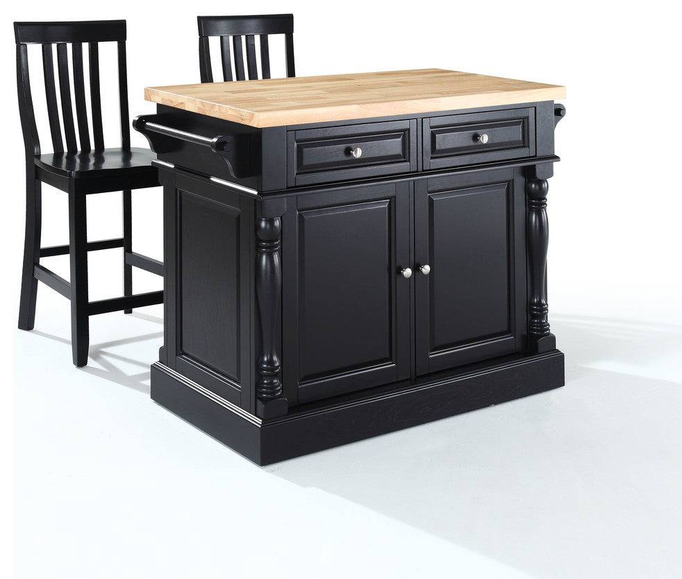 Butcher Block Top Kitchen Island in Black Finish With 24" School House Stools