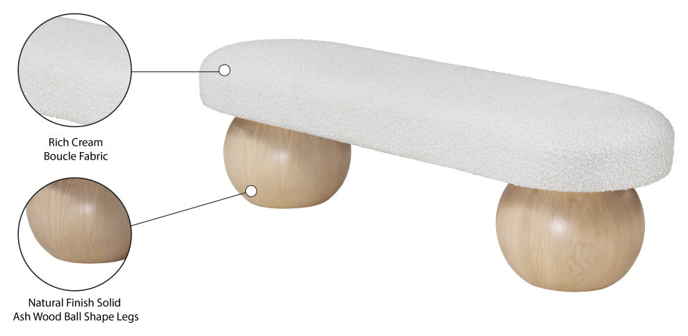 Meridian Furniture Bowie Boucle Fabric Upholstered Bench, Cream, Natural Finish