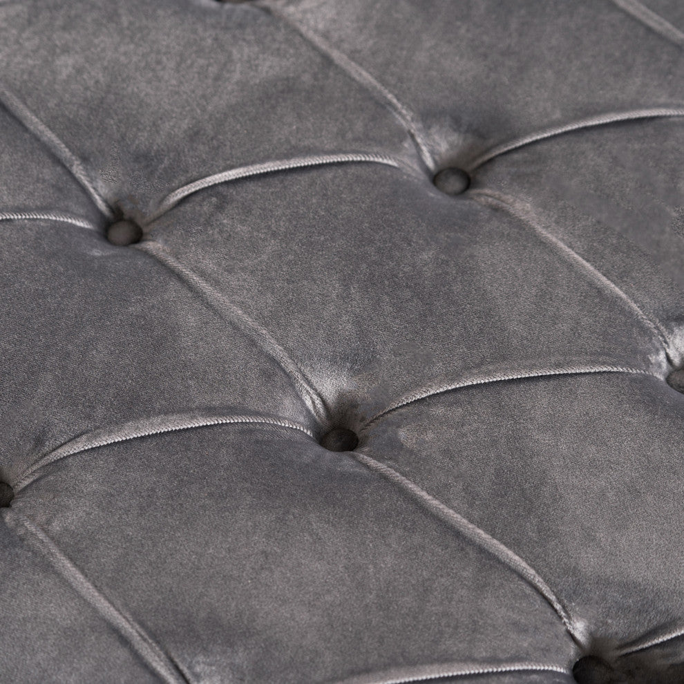 GDF Studio Maelyn Modern Glam Tufted Velvet Round Ottoman, Dark Gray