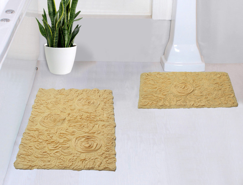 Bell Flower Collection Tufted Bath Rugs, 2 Piece Set, Yellow