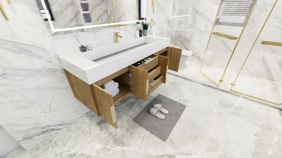 Madison 60" Wall Mounted  Single Sink Vanity with Reinforced Acrylic Sink, Oak