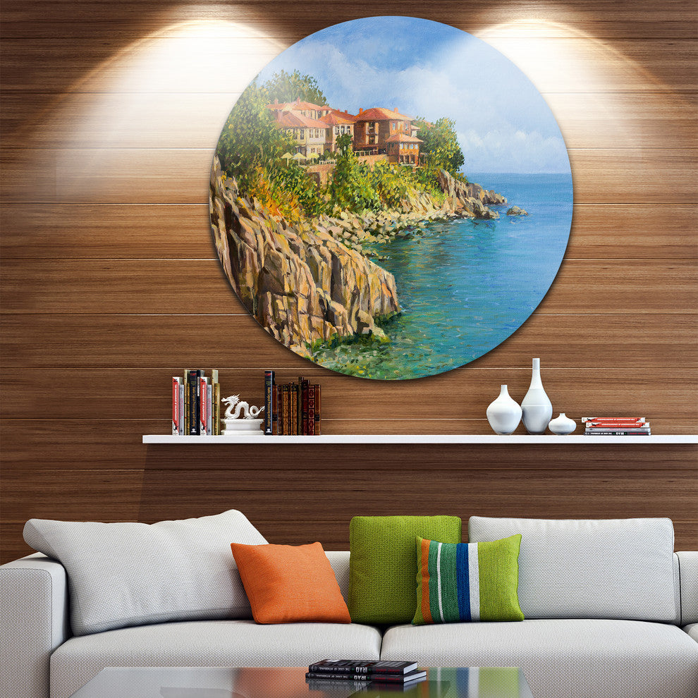 Blue Summer Sea, Landscape Painting Round Metal Wall Art, 11"