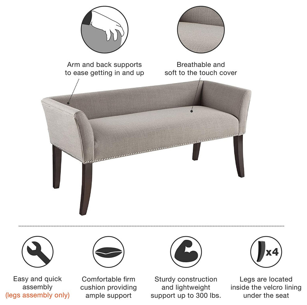 Modern Dining Bench, Espresso Legs and Grey Polyester Upholstered Seat