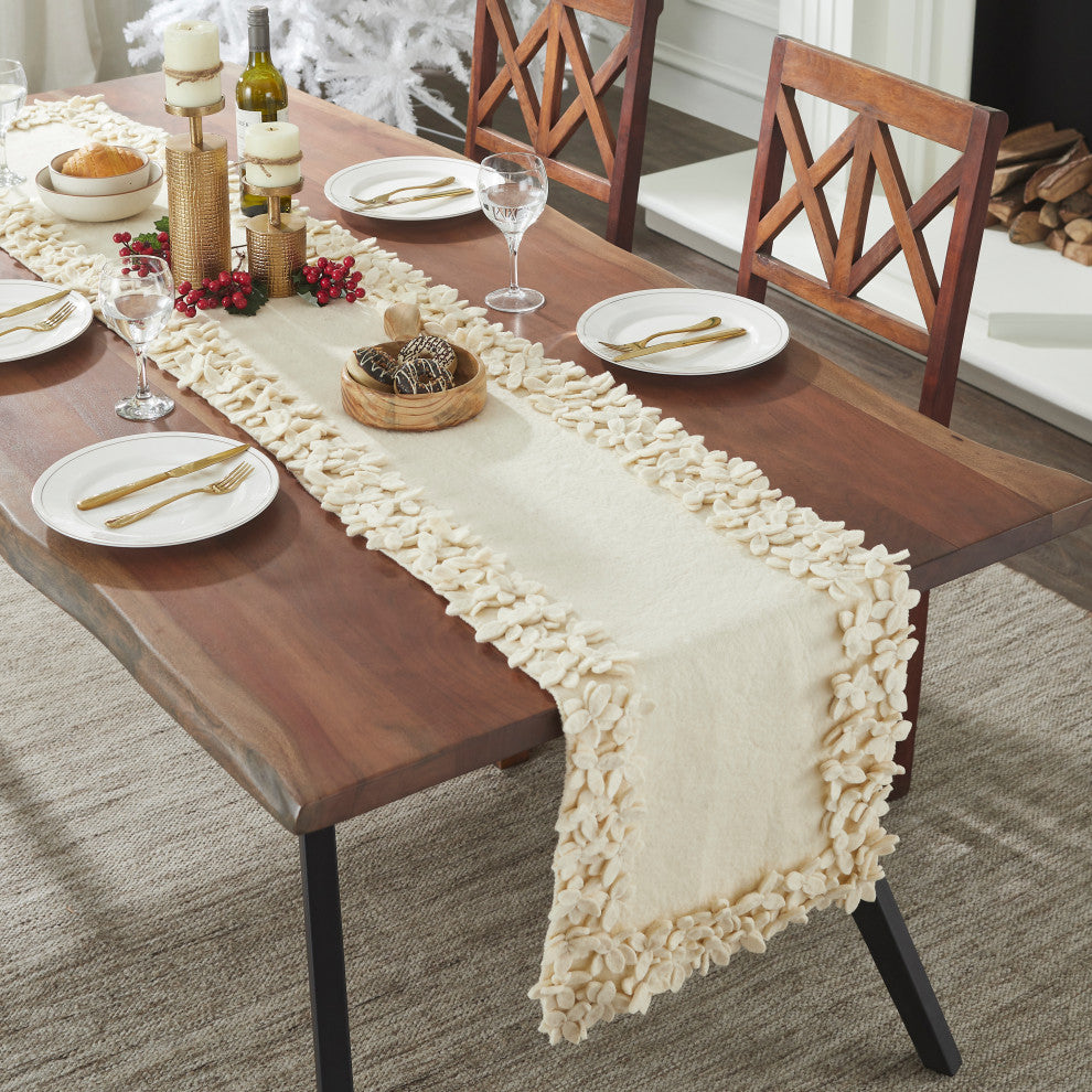 Hand Felted Wool Floral Border Table Runner in Cream, 16x90"