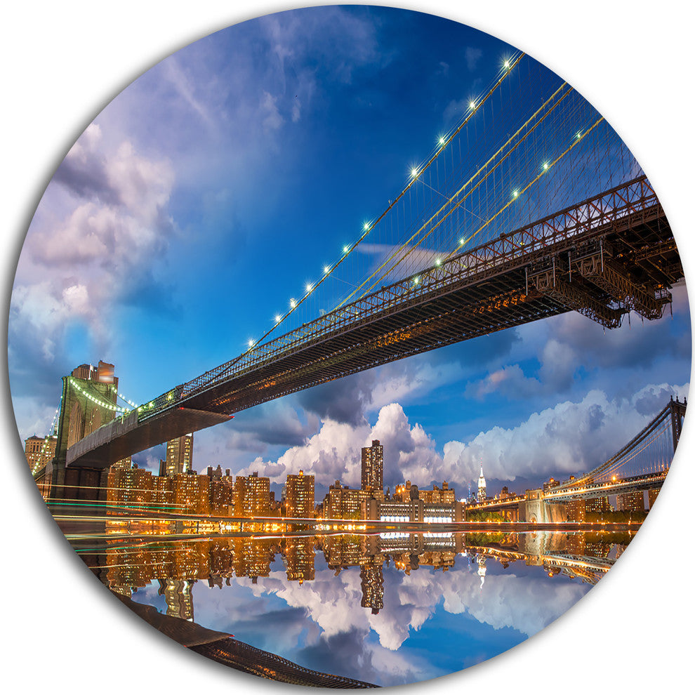 Sunset Over Brooklyn Bridge, Cityscape Photo Round Metal Wall Art, 36"