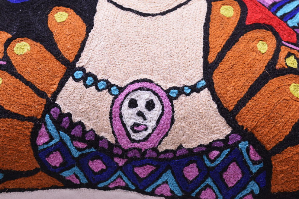 Frida Kahlo Inspired Pillow Cover Red Tiara Hand Embroidered Wool 18x18
