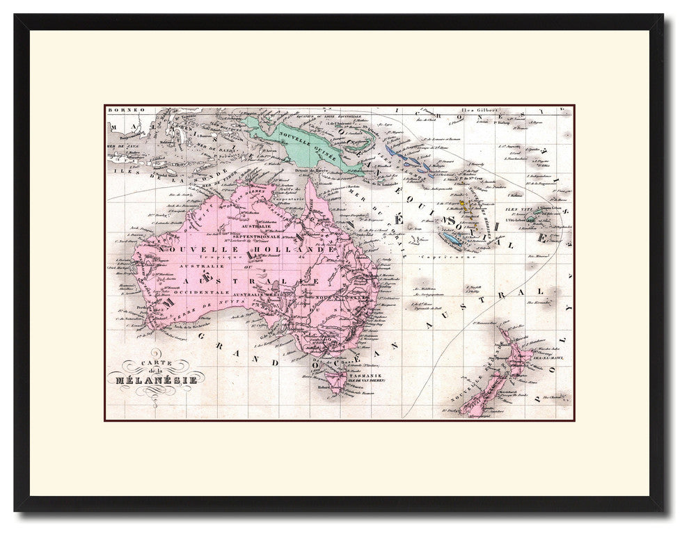 New Zealand Oceania Australia Vintage Antique Map Wall Art, 16"x21"