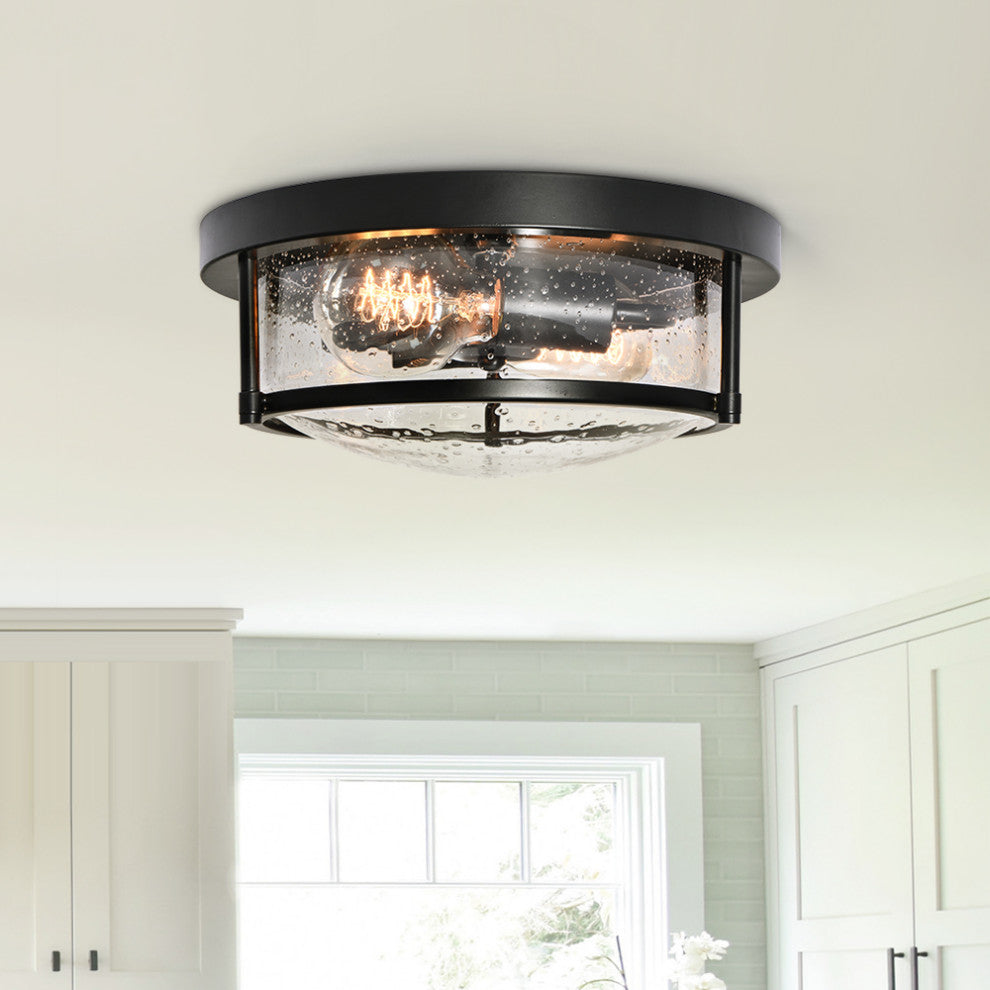 Farmhouse 2-Light Seeded Drum Glass Flush Ceiling Light