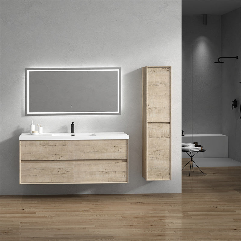 SLIM Light White Oak Wall Mount Vanity, Reinforced Acrylic Sink, 60" Single