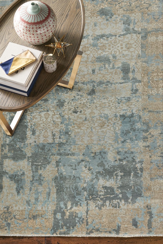 Ellerbe Rectangle Hand Knotted Rug, Tan Blue, 5'x8'