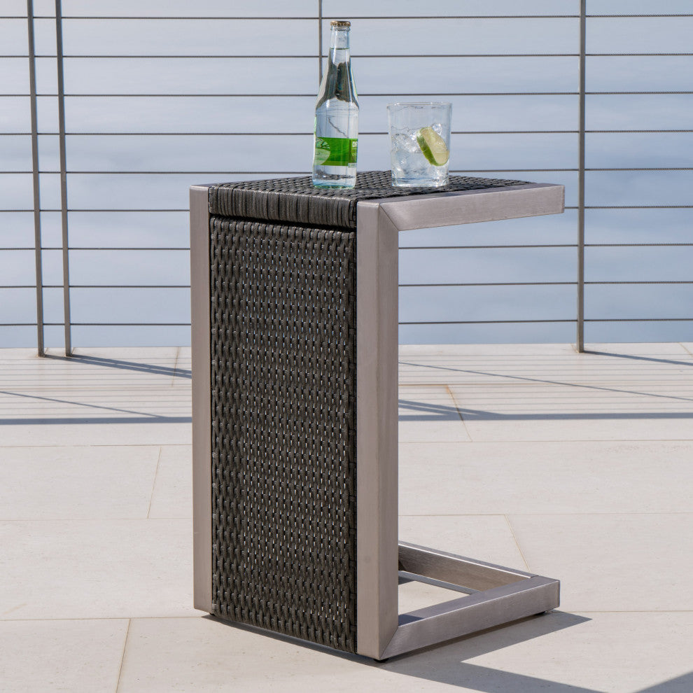 GDF Studio Outdoor Wood Finish C-Shaped End Table, Aluminum Frame, Gray