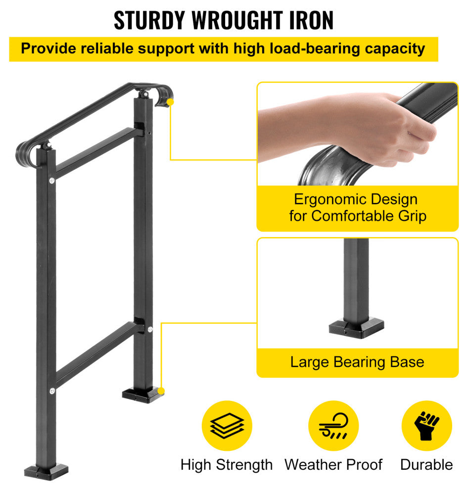 Wrought Iron Handrail Fit 1 or 2 Steps Outdoor Stair Railing