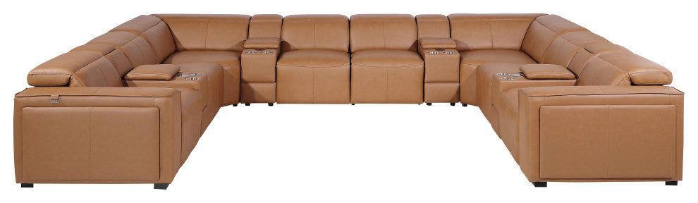 Niccolo Italian Leather 12-Piece U-Shaped 4 Power Reclining Sectional, Cognac