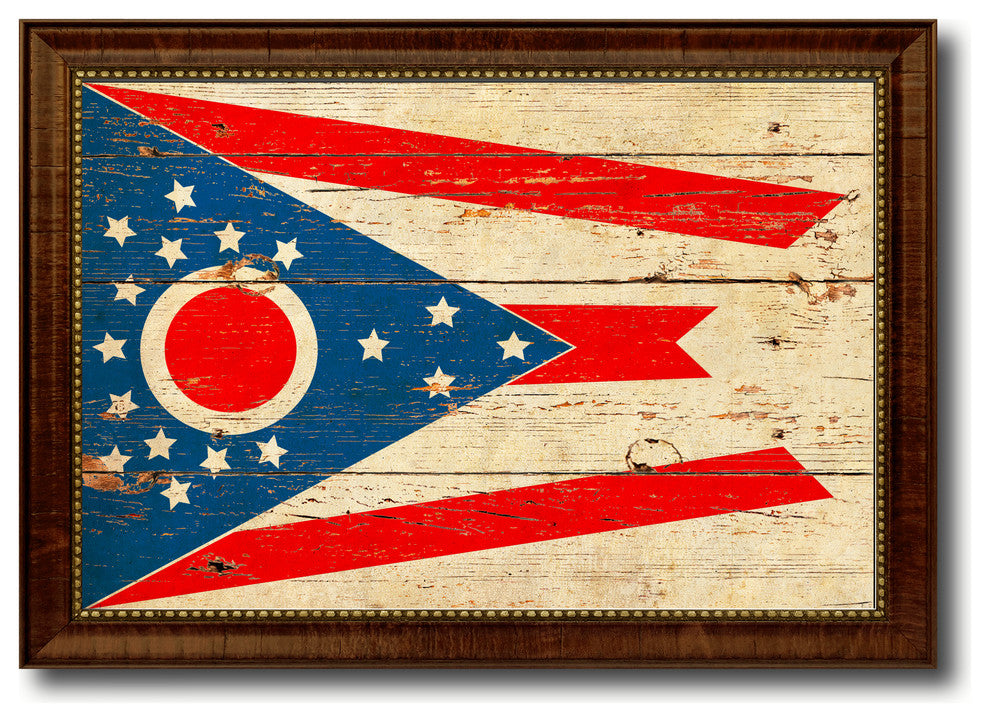 Ohio State Flag State Vintage Flag Print With Brown Gold Frame, 19"X27"