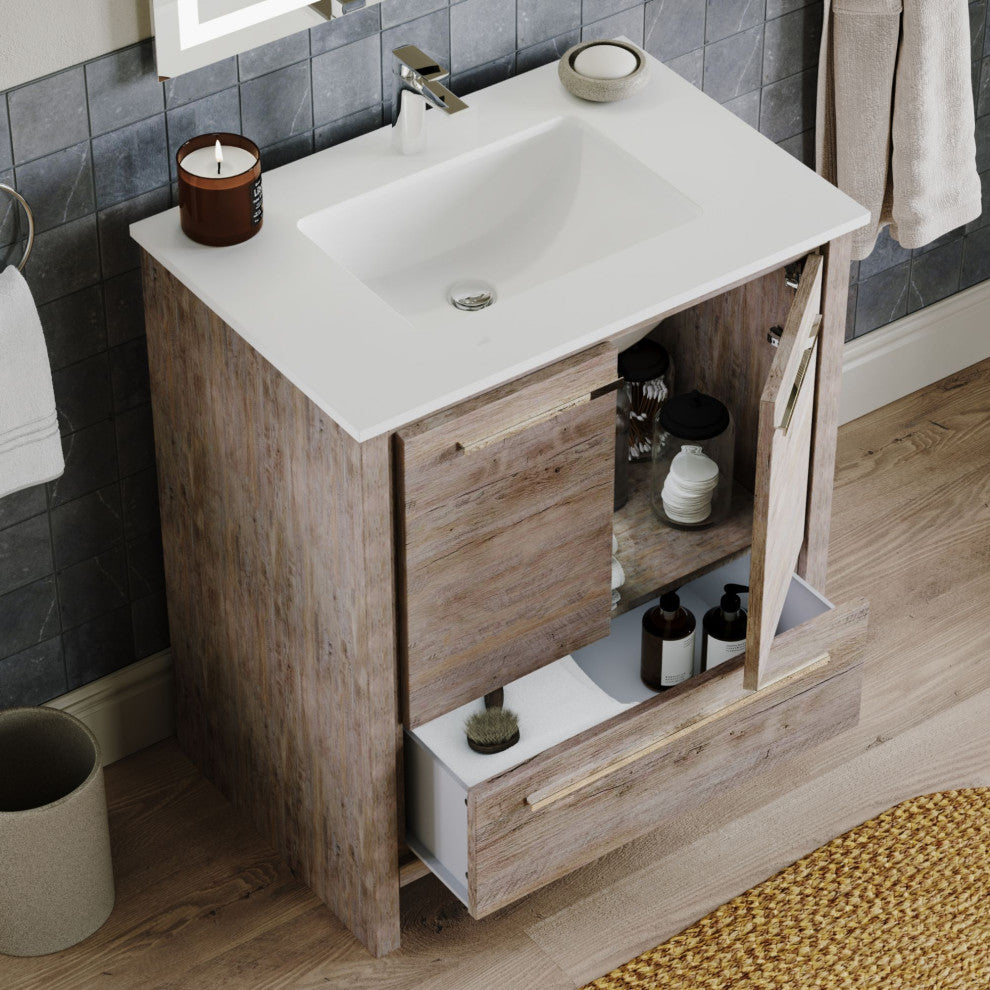 Esconde Bath Vanity, Natural Wood, 30", Single Sink, Freestanding