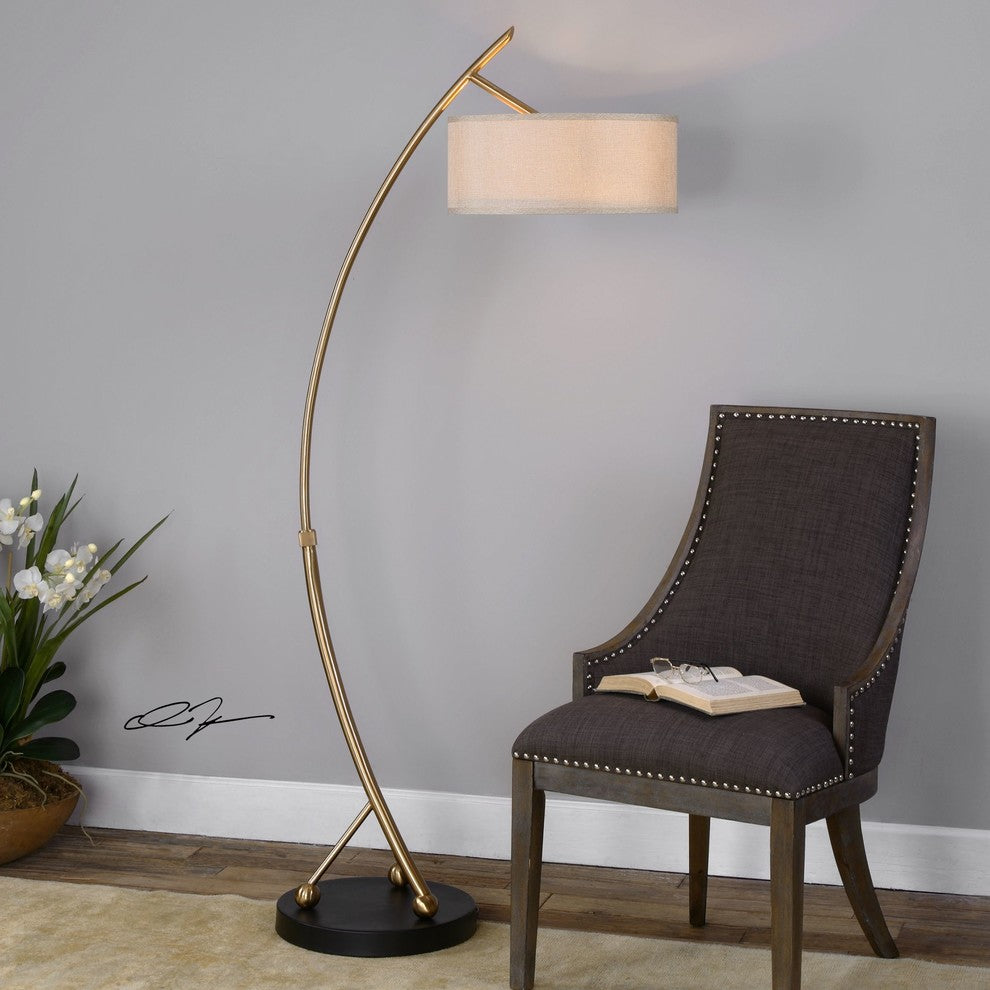 Brass Gold Arc Curved Table Lamp, Minimalist Drum Shade