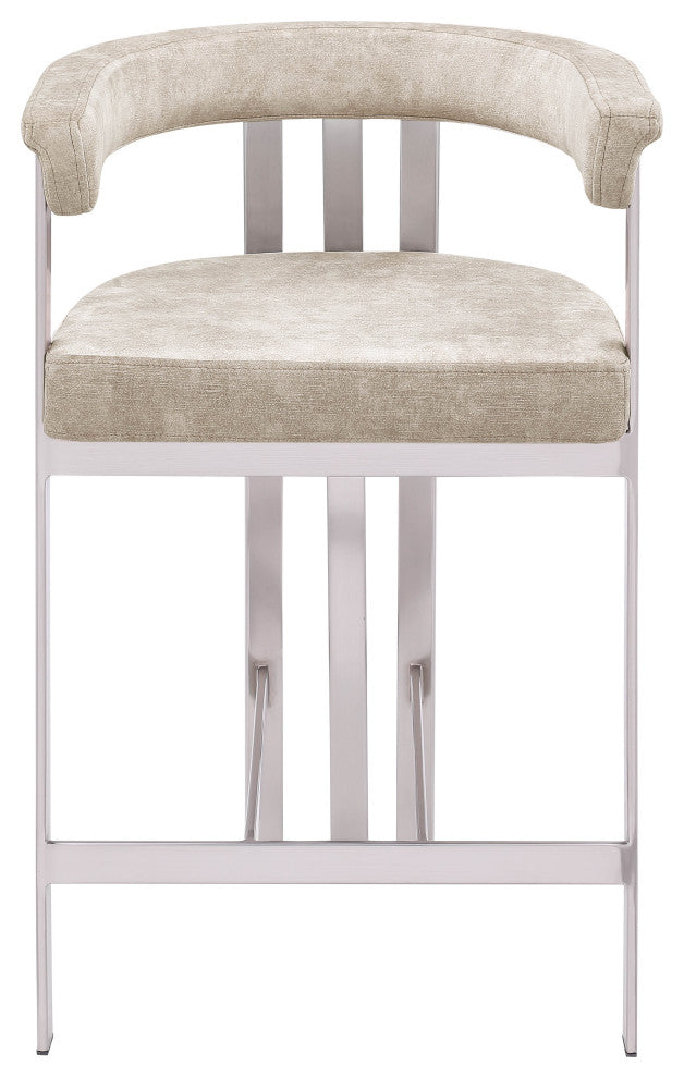 Marcello Upholstered Counter Stool, Beige, Velvet, Brushed Chrome
