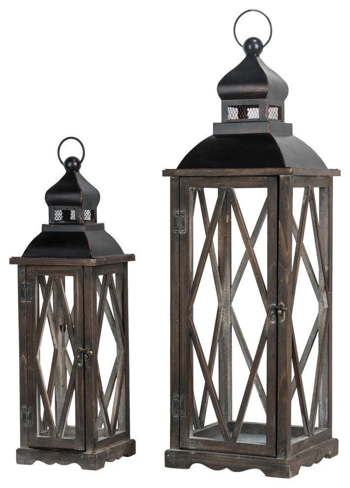 Farmhouse Wood Metal Lanterns Set of 2, Black