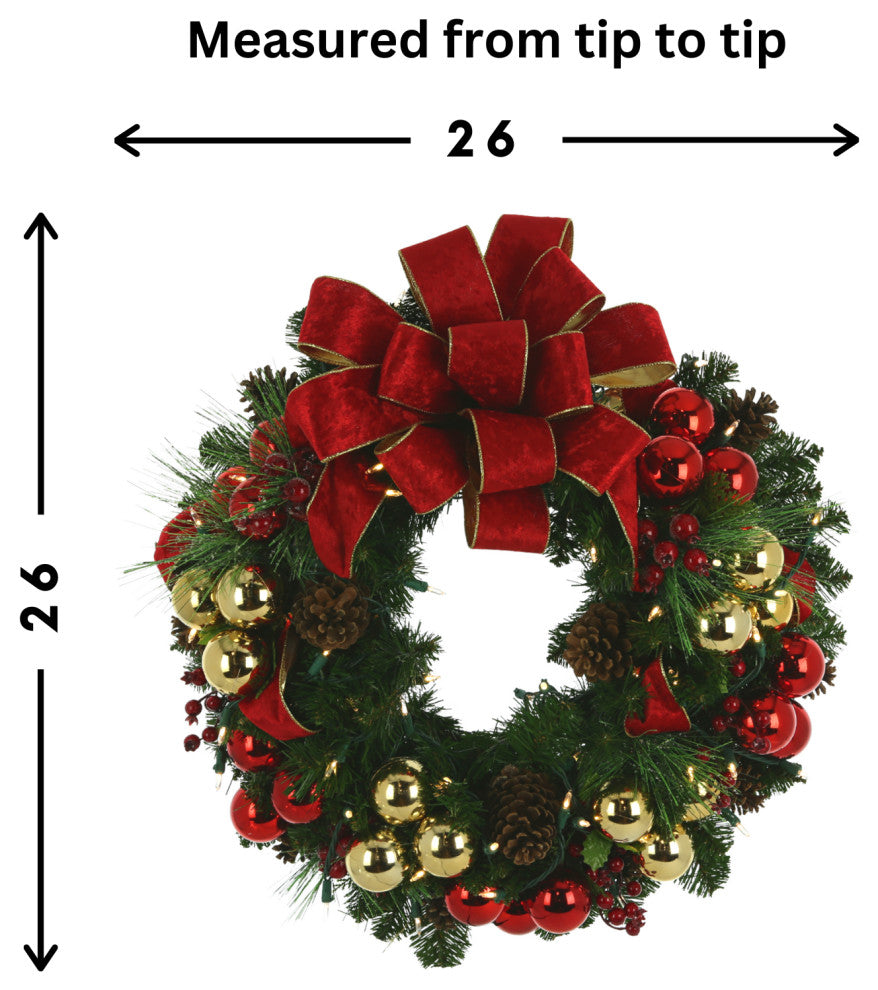 26" Evergreen Holiday Wreath with Berries, Ornaments, Bows and LED Lights, Regular Lights