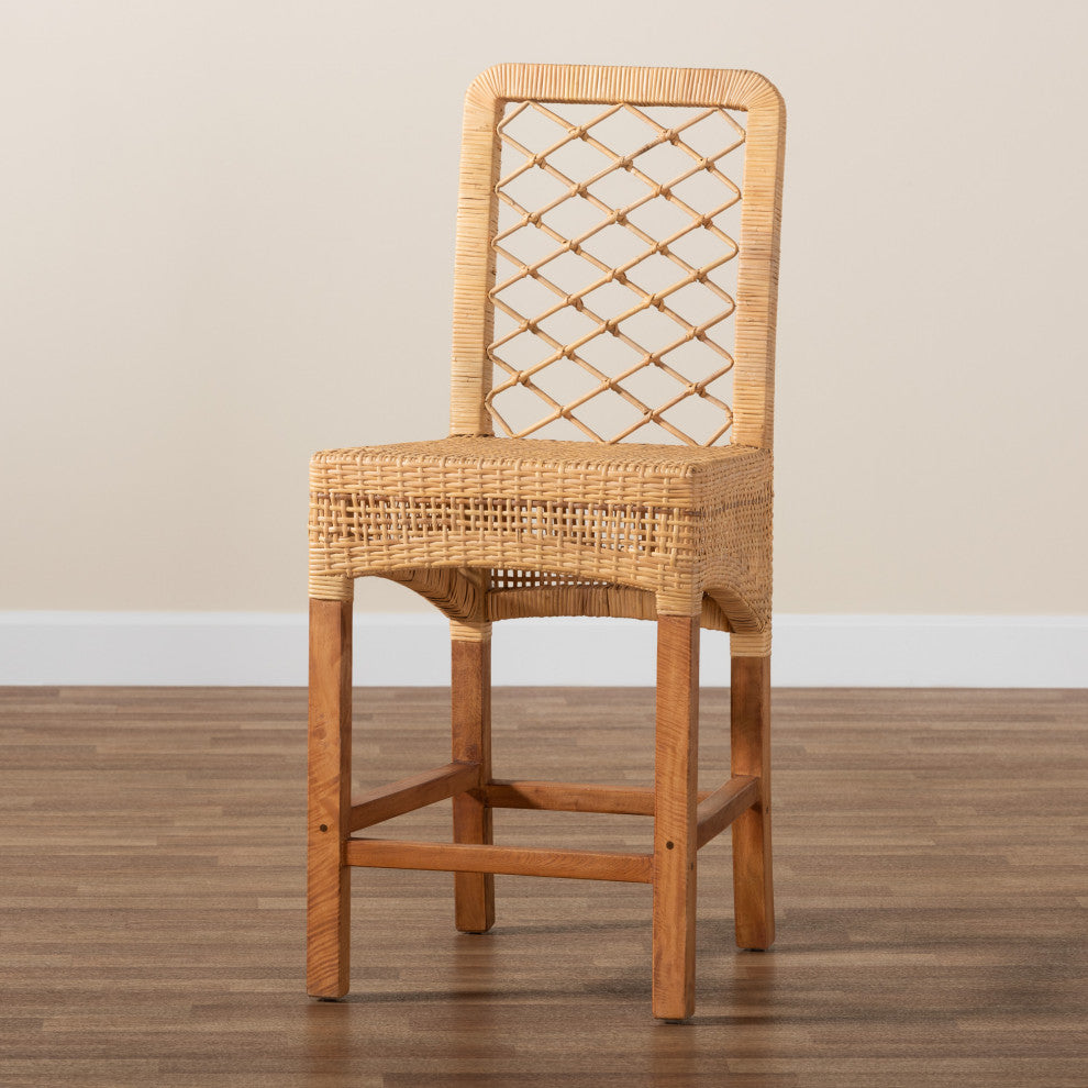Moscow Bohemian Natural Brown Rattan and Walnut Brown Finish Wood Counter Stool