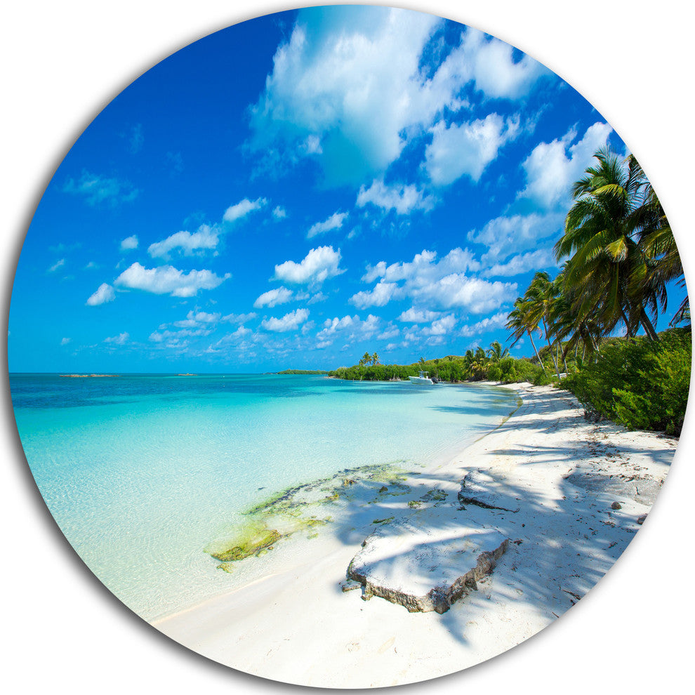 Tropical Beach With Palm Shadows, Seashore Disc Metal Wall Art, 23"