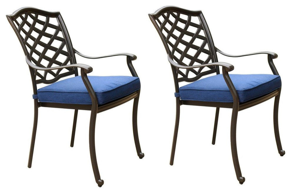 Fletcher Aluminum Dining Arm Chair With Cushion, Set of 2, Blue Olefin
