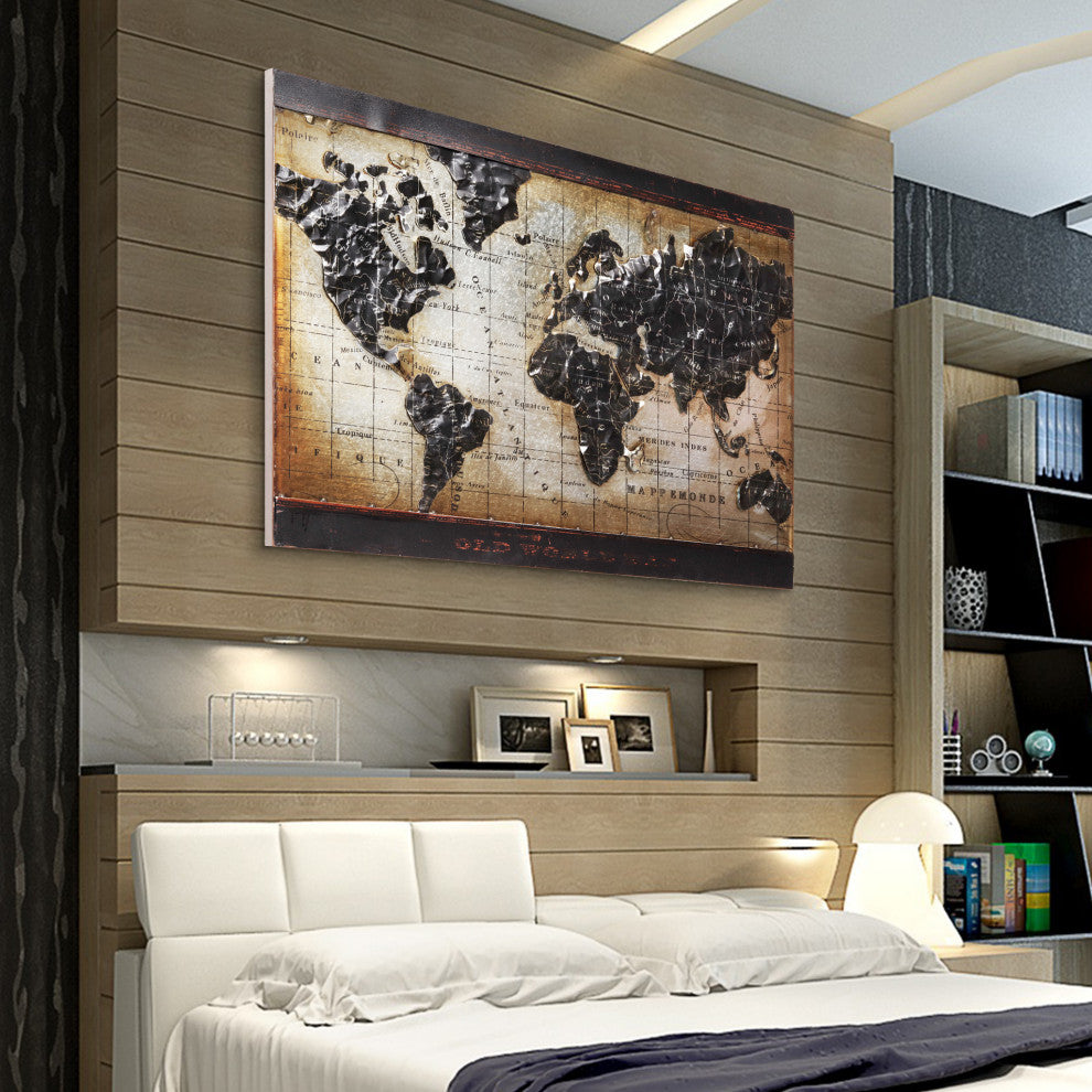 "World Map" Wall Art Mixed Media Iron Hand Painted Dimensional Wall Sculpture