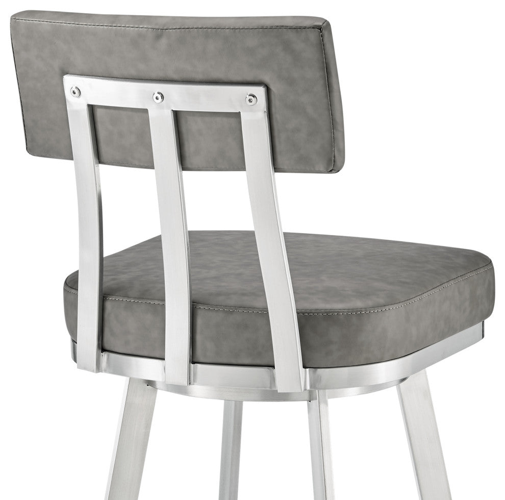 Jinab Swivel Bar Stool, Brushed Stainless Steel With Faux Leather, Gray