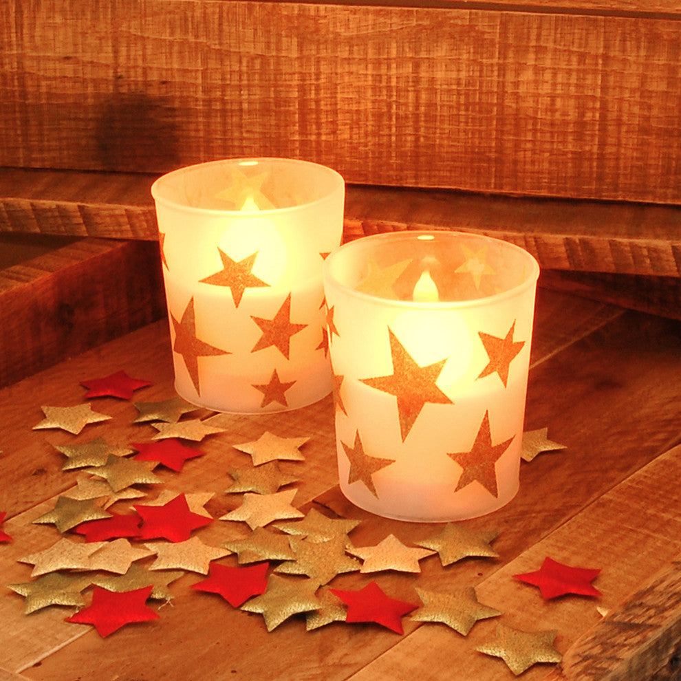 Battery Operated LED Wax Candles in Glass Holders, Gold Stars, Set of 2