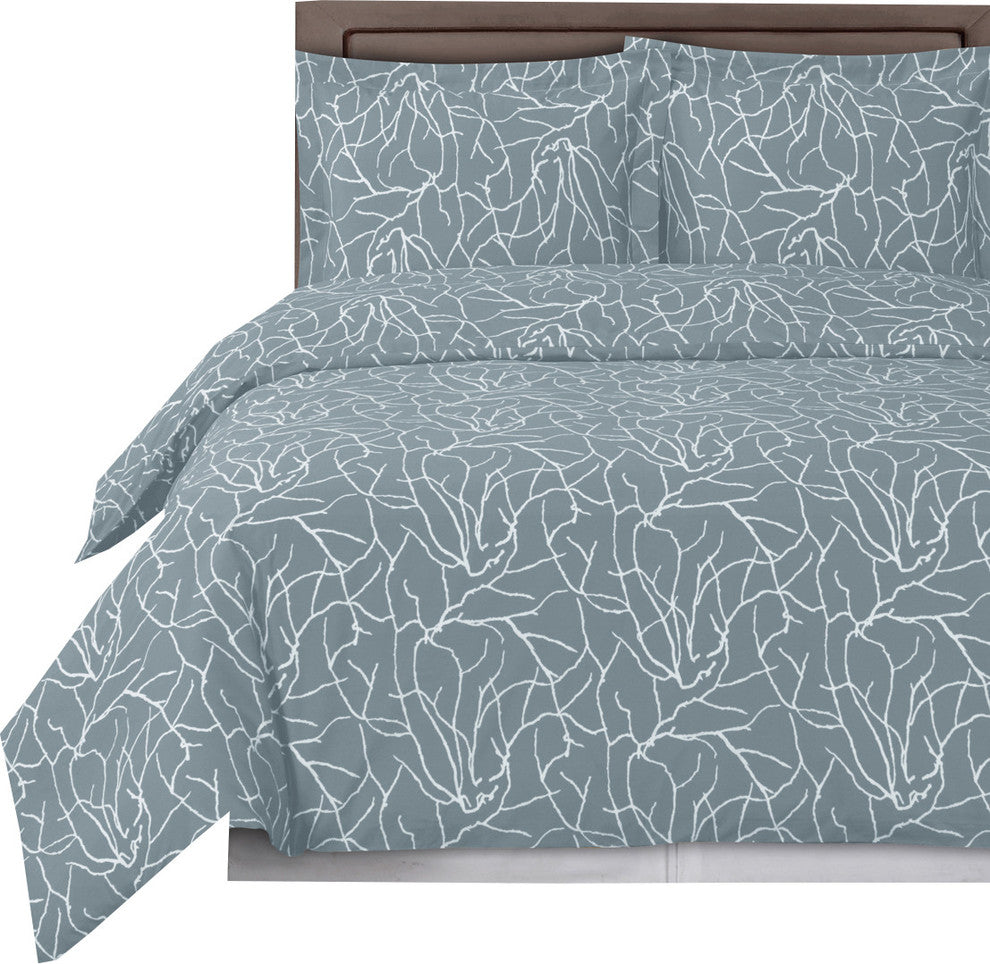 Ema Printed 100% Cotton Duvet Cover Set, Gray and White, King/Cal King
