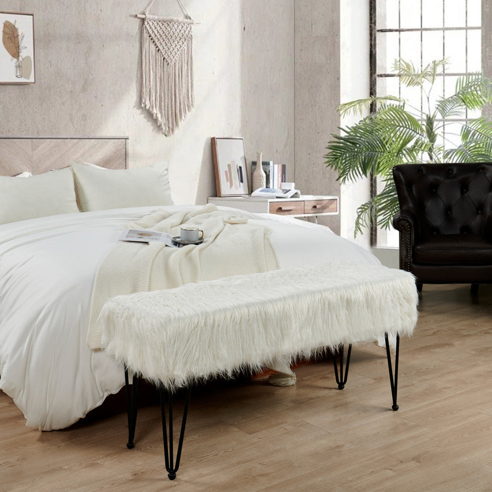 Mongolian Fur Ottoman, Antique White, 46"x16"x22"