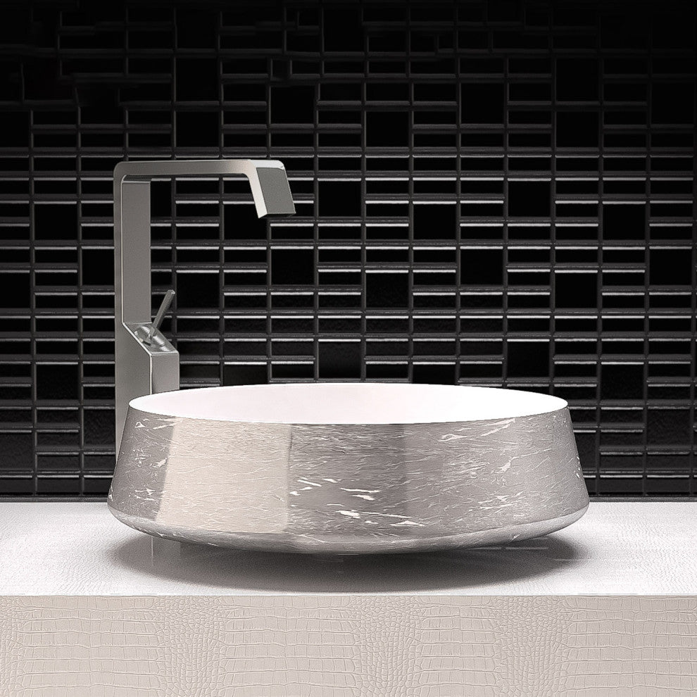 Exte Luxe Bathroom Vessel Sink, White and Silver