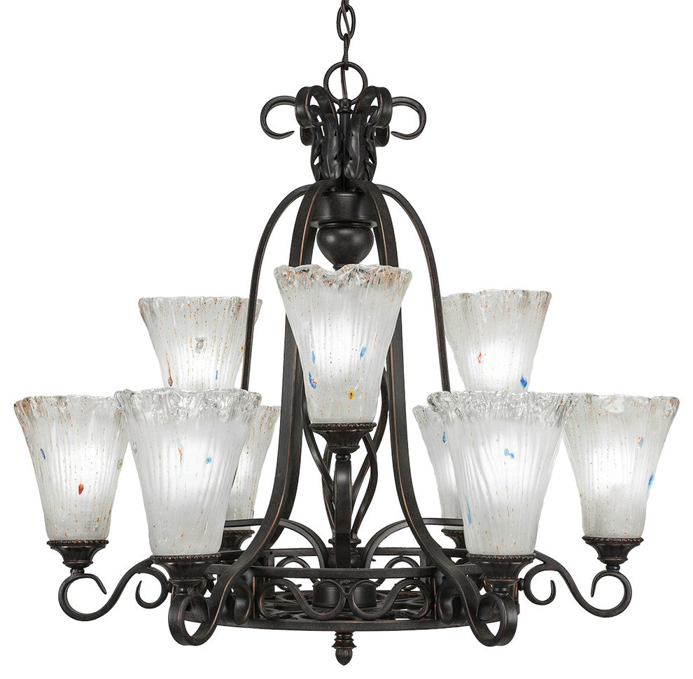 Elegant 9-Light Chandelier, Dark Granite, 5.5" Fluted Frosted Crystal Glass